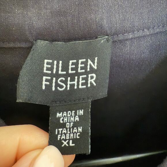 EILEEN FISHER Women's XL Italian Linen Button Blazer Black Mandarin Collar Moto - Picture 9 of 13